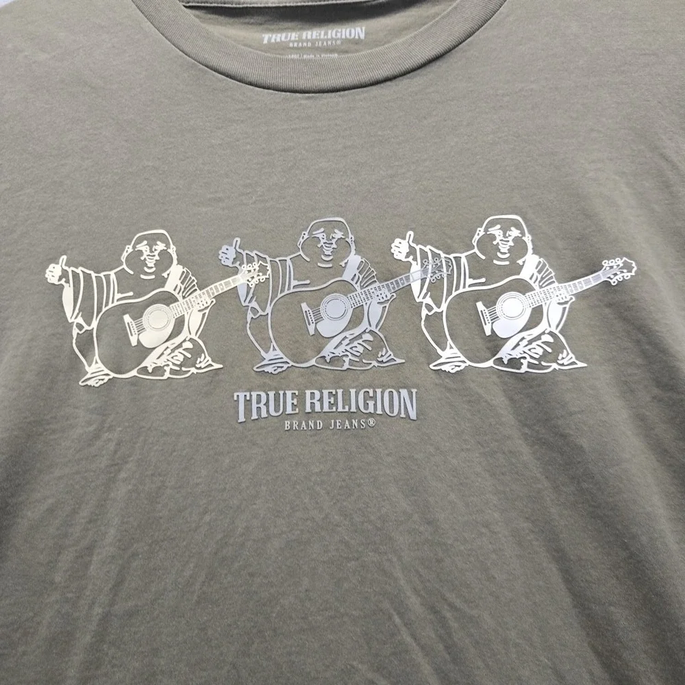 True Religion‎ Shirt Mens Large Graphic Buddha Short Sleeve Tee Olive Green